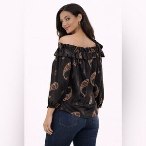 Rye Grass Black Satin Paisley Off Shoulder Blouse Top